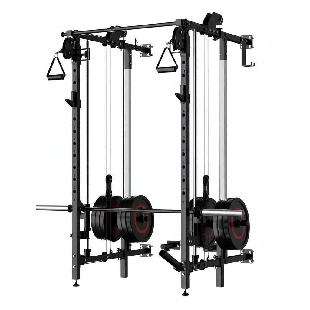 Folding Squat Rack, Wall Mounted Power Rack with Dual Independent Pulley System & Pull up Bar, Multi-Function Power Cage with for Home Gym Space-Saving