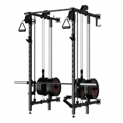 Folding Squat Rack, Wall Mounted Power Rack with Dual Independent Pulley System & Pull up Bar, Multi-Function Power Cage with for Home Gym Space-Saving