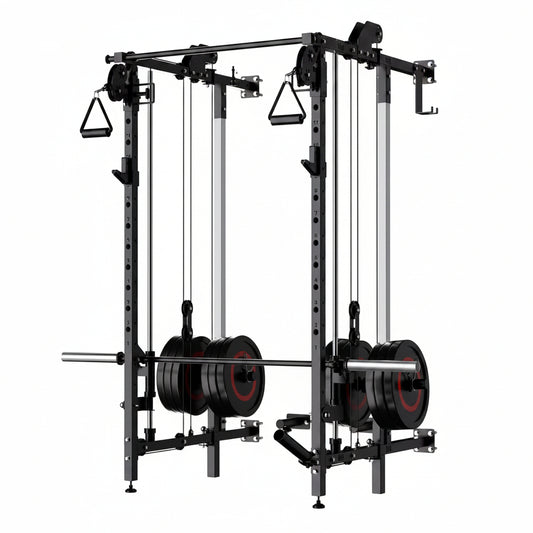 Folding Squat Rack, Wall Mounted Power Rack with Dual Independent Pulley System & Pull up Bar, Multi-Function Power Cage with for Home Gym Space-Saving