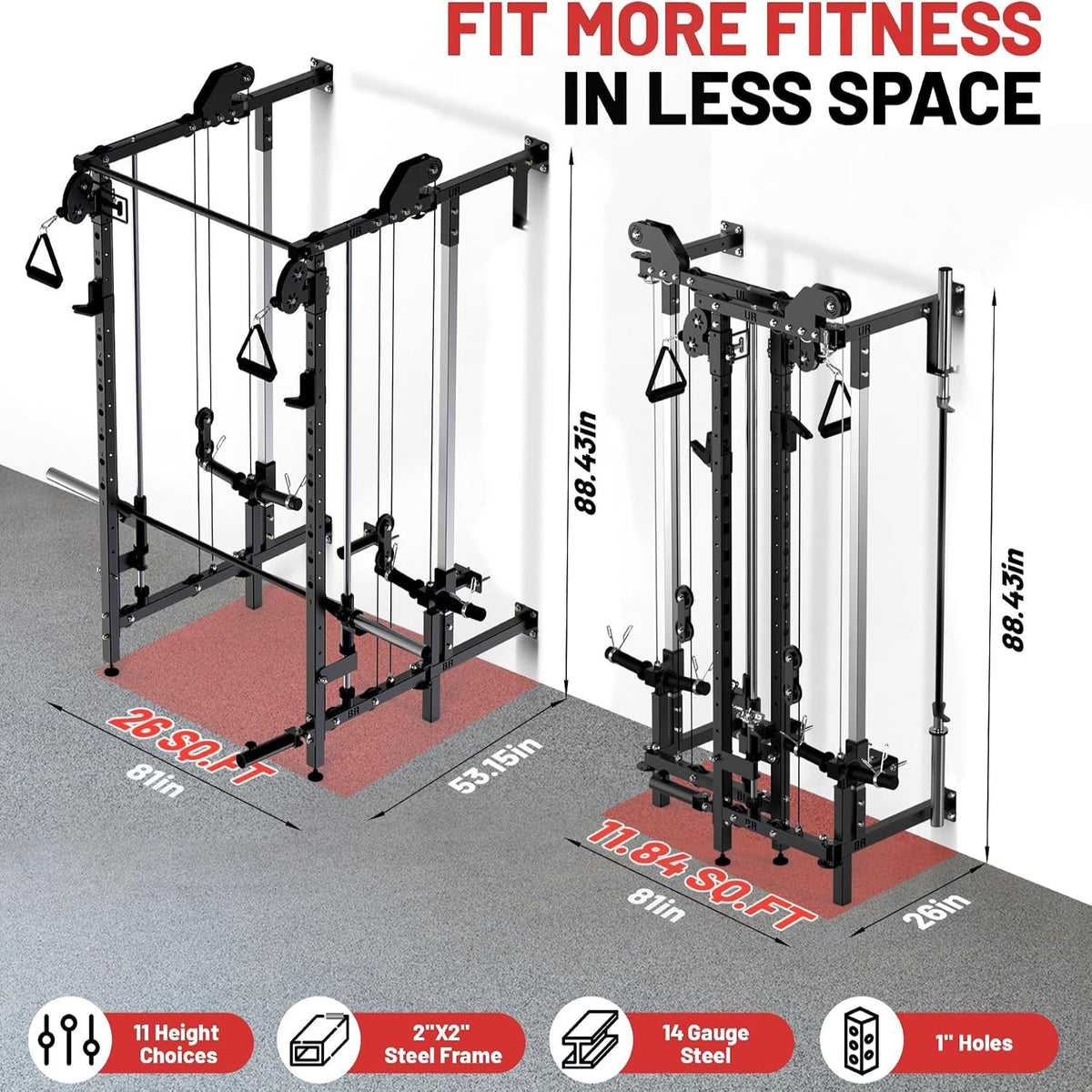 Folding Squat Rack, Wall Mounted Power Rack with Dual Independent Pulley System & Pull up Bar, Multi-Function Power Cage with for Home Gym Space-Saving