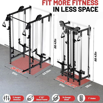 Folding Squat Rack, Wall Mounted Power Rack with Dual Independent Pulley System & Pull up Bar, Multi-Function Power Cage with for Home Gym Space-Saving