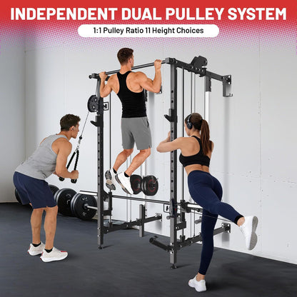 Folding Squat Rack, Wall Mounted Power Rack with Dual Independent Pulley System & Pull up Bar, Multi-Function Power Cage with for Home Gym Space-Saving