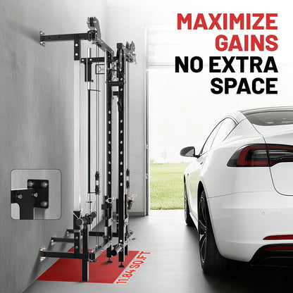 Folding Squat Rack, Wall Mounted Power Rack with Dual Independent Pulley System & Pull up Bar, Multi-Function Power Cage with for Home Gym Space-Saving
