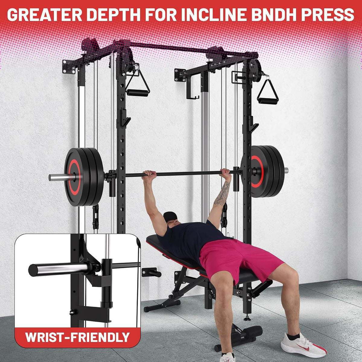 Folding Squat Rack, Wall Mounted Power Rack with Dual Independent Pulley System & Pull up Bar, Multi-Function Power Cage with for Home Gym Space-Saving