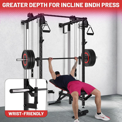 Folding Squat Rack, Wall Mounted Power Rack with Dual Independent Pulley System & Pull up Bar, Multi-Function Power Cage with for Home Gym Space-Saving