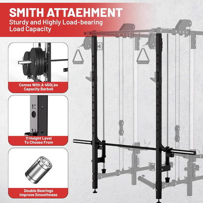 Folding Squat Rack, Wall Mounted Power Rack with Dual Independent Pulley System & Pull up Bar, Multi-Function Power Cage with for Home Gym Space-Saving