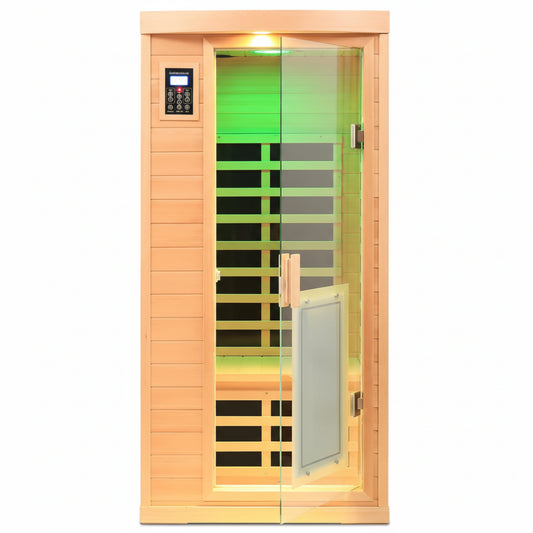 Far Infrared Sauna 1 Person Infrared Home Sauna Room 0-5Mg Utra Low EMF Home Sauna Spa 1460W Canadian Hemlock Wooden Indoor Dry Sauna with Door Heating Plate, 2 Control Panels