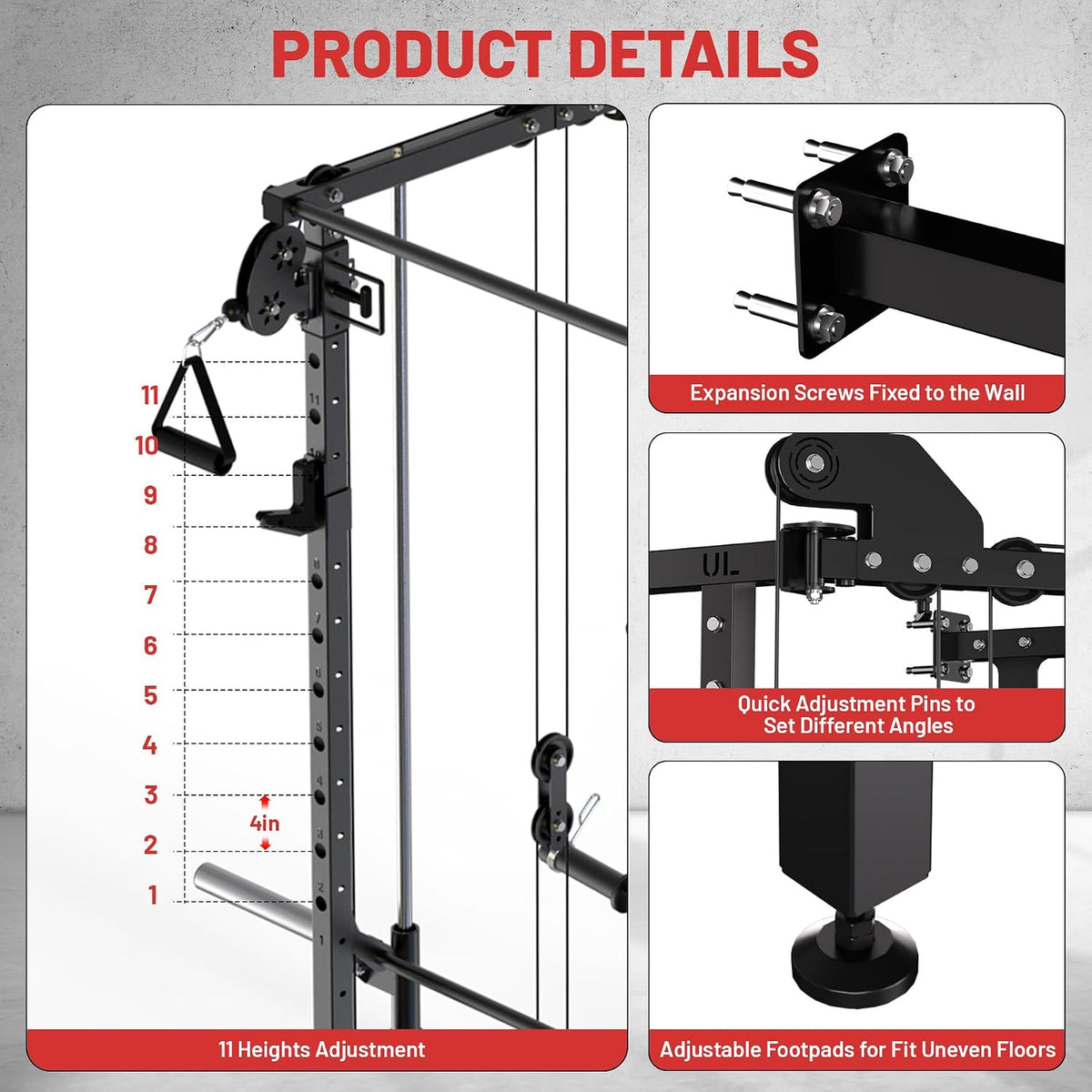 Folding Squat Rack, Wall Mounted Power Rack with Dual Independent Pulley System & Pull up Bar, Multi-Function Power Cage with for Home Gym Space-Saving