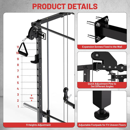 Folding Squat Rack, Wall Mounted Power Rack with Dual Independent Pulley System & Pull up Bar, Multi-Function Power Cage with for Home Gym Space-Saving