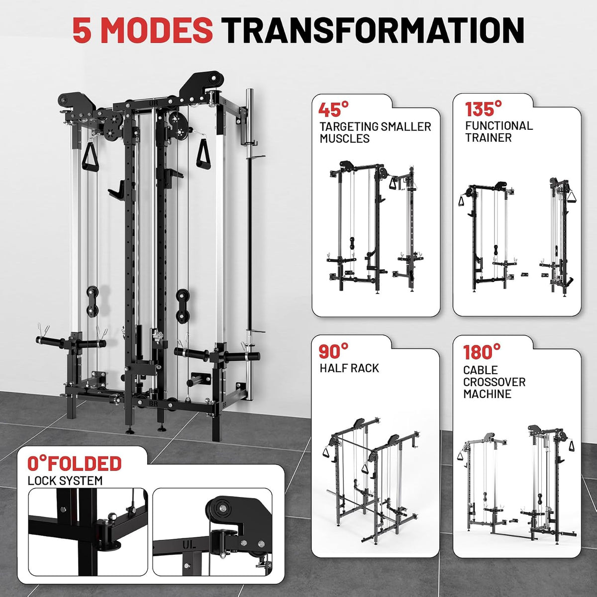 Folding Squat Rack, Wall Mounted Power Rack with Dual Independent Pulley System & Pull up Bar, Multi-Function Power Cage with for Home Gym Space-Saving